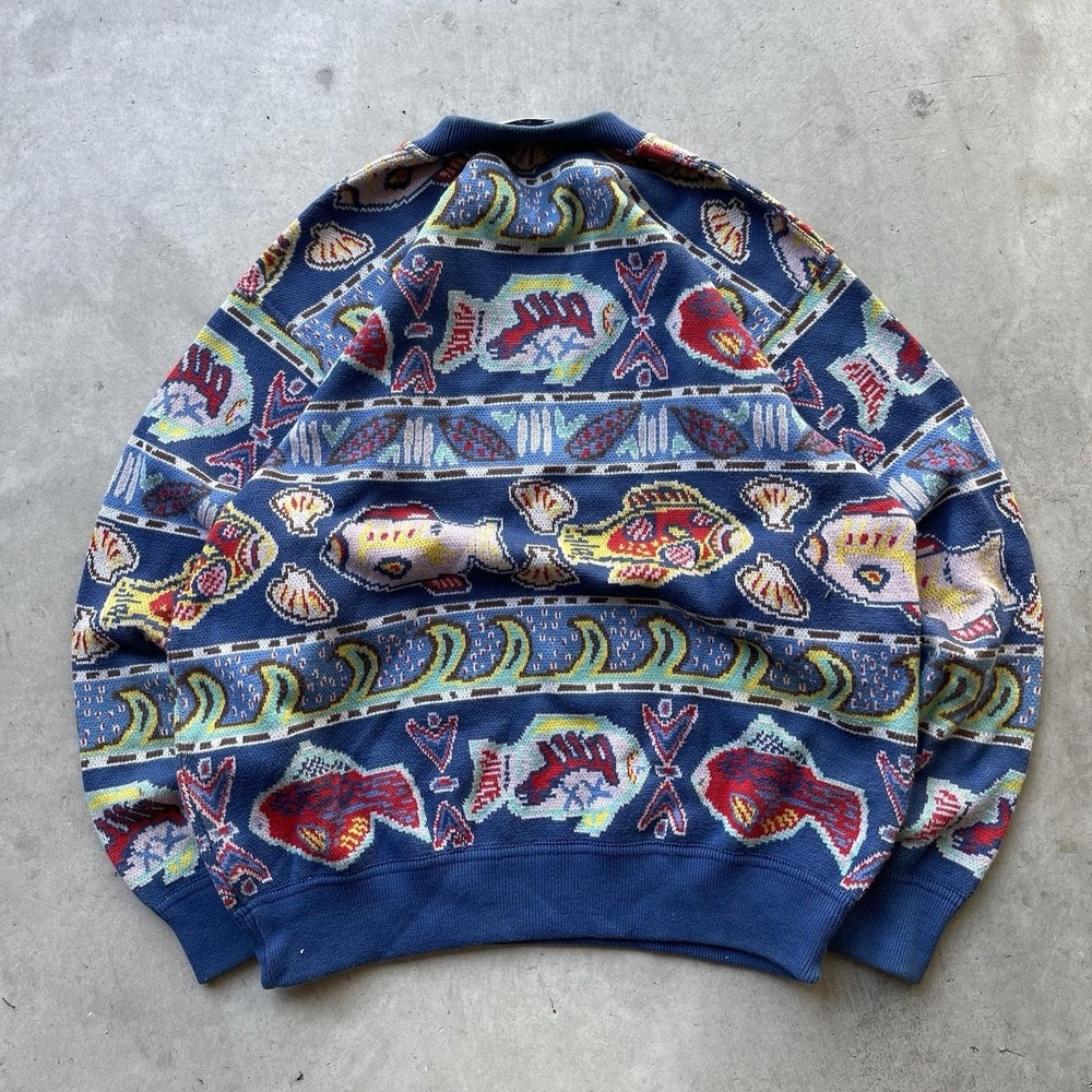 Vintage Valentino Beachwear Sweater Fish All Over Print 90s Knit Italy L XL - Picture 6 of 7